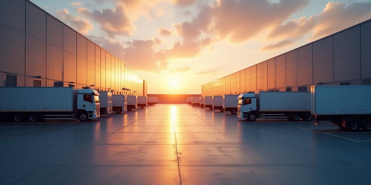 Modern logistics hub at dusk with soft lighting