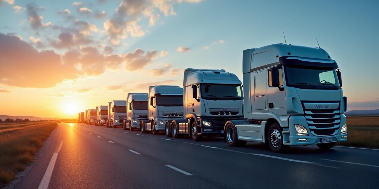 Fleet of modern white trucks on a sunset highway